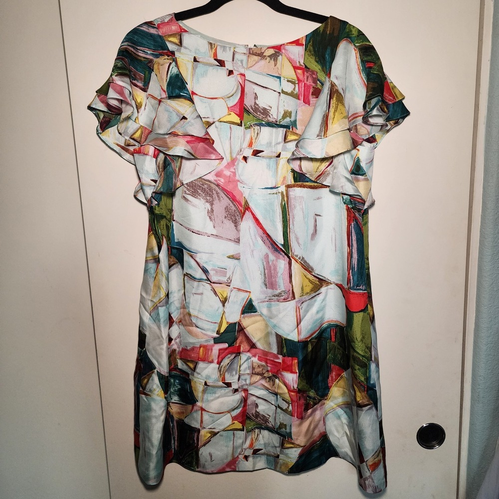 Ali Ro Silk Shift Dress Womens 12 Multicolor Excellent Ruffle Flutter Sleeve Art